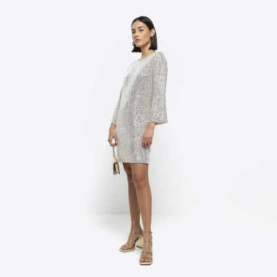 Silver sequin shift mini dress River Island