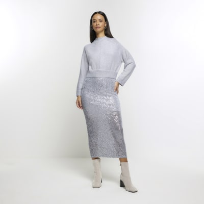 Silver sequin midi top skirt river island