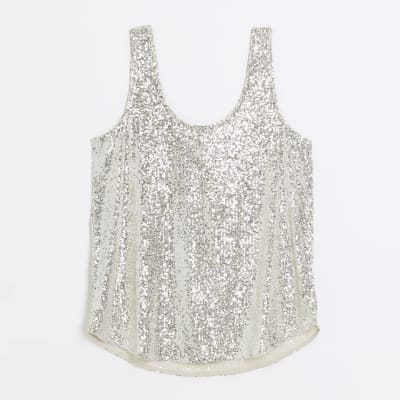 Silver sequin tank top | River Island