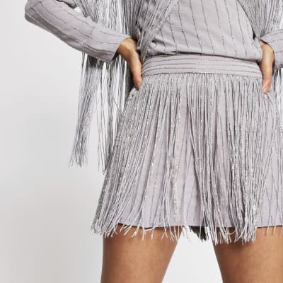 Silver sequin tassel embellished shorts