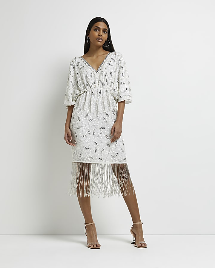 riverisland.com | Silver Sequin Tasseled Midi Dress