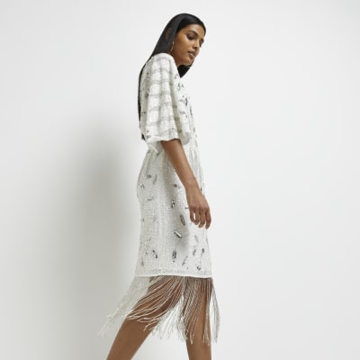 Silver sequin tasseled midi dress