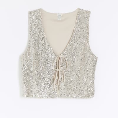 Silver sequin tie front waistcoat | River Island