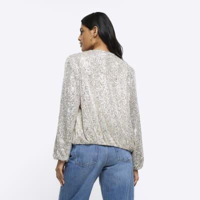 River Island Womens Silver Sequin Zip Up Bomber Jacket