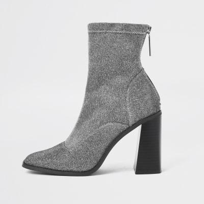 knitted low block heel sock boots