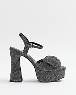 Silver sparkly bow platform heeled sandals