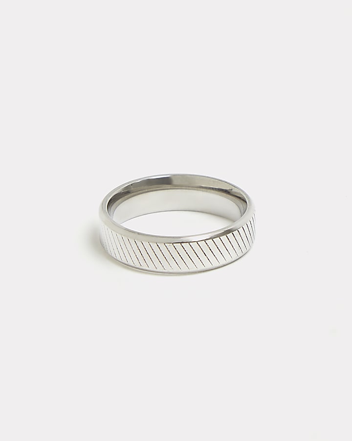 Silver stainless steel engraved band ring