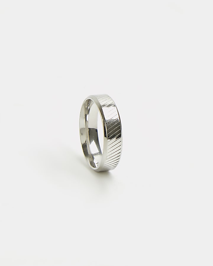Silver stainless steel engraved band ring