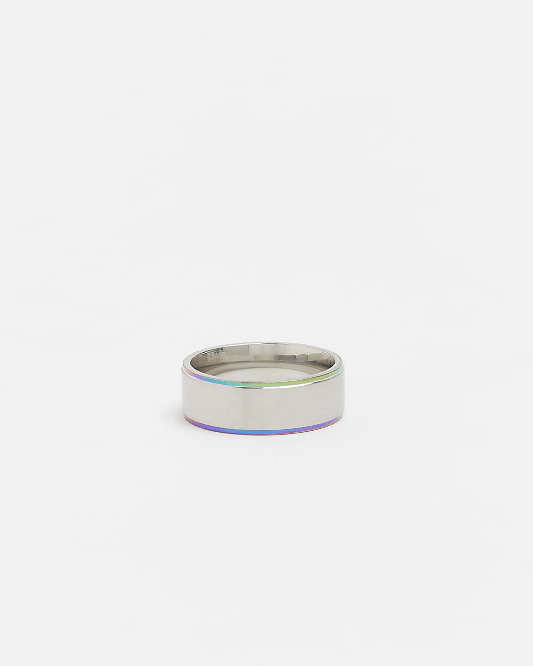 Silver stainless steel iridescent band ring