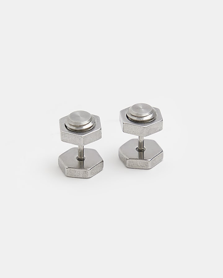 Silver Steel Hexagon Bolt Earrings