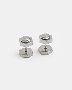 Silver Steel Hexagon Bolt Earrings