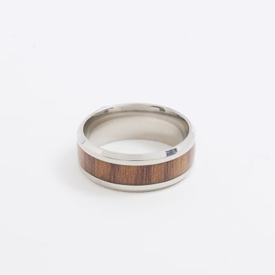 Silver Steel Wood Effect Inlay Ring