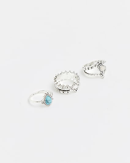 Silver stone embellished rings multipack
