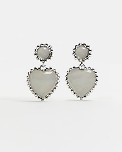 Silver stone heart drop earrings
