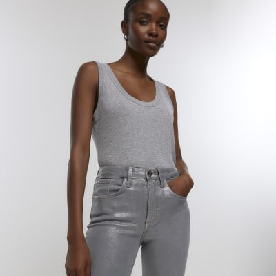 Silver straight coated jeans River Island