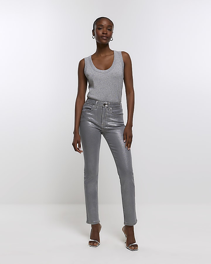 Silver straight coated jeans | River Island