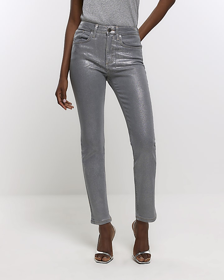 Silver straight coated jeans | River Island