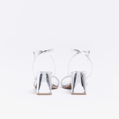 Silver Strappy Block Heeled Sandals
