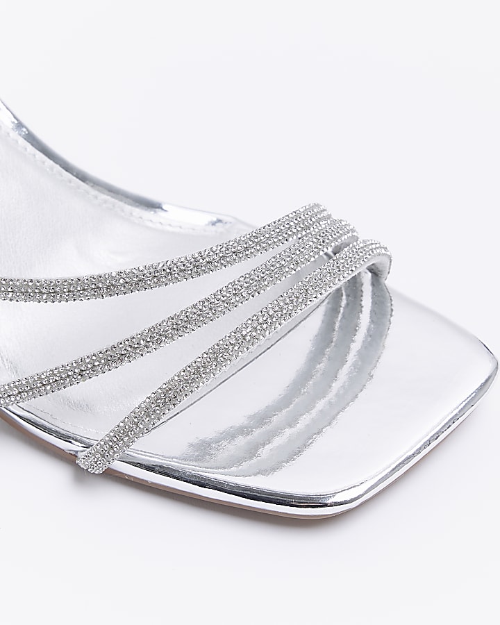 Silver Strappy Block Heeled Sandals