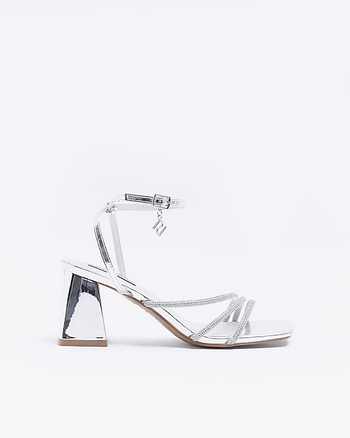 Silver Strappy Block Heeled Sandals