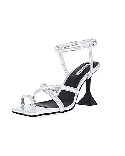 360 degree animation of product Silver strappy heeled sandals frame-0