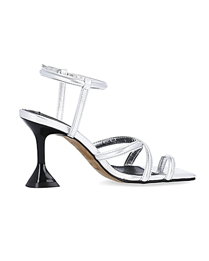 360 degree animation of product Silver strappy heeled sandals frame-14