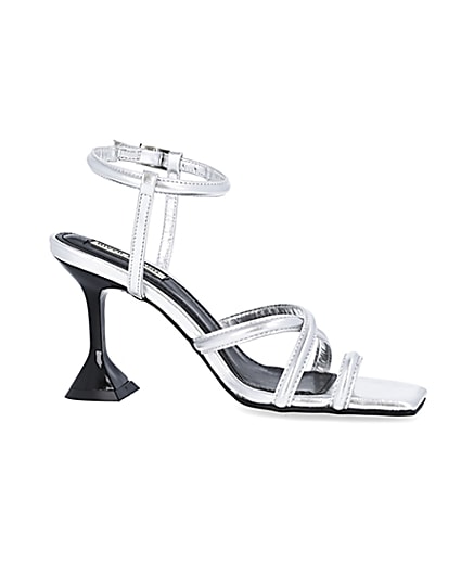 360 degree animation of product Silver strappy heeled sandals frame-16