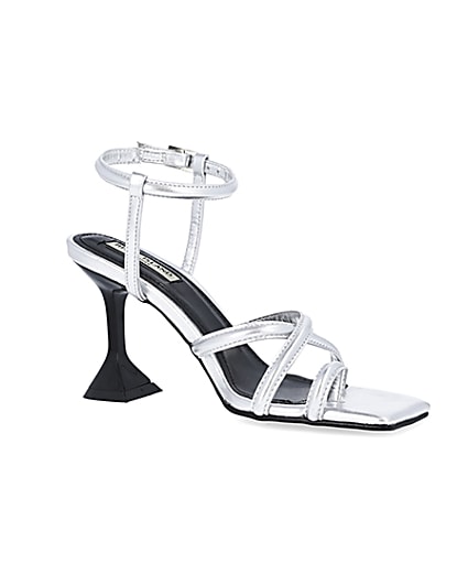 360 degree animation of product Silver strappy heeled sandals frame-17