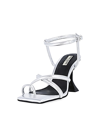 360 degree animation of product Silver strappy heeled sandals frame-23