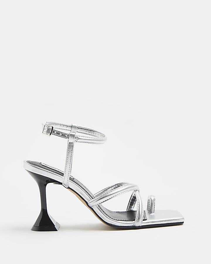 Silver strappy heeled sandals