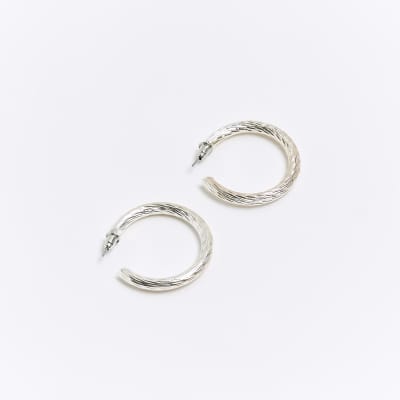 Silver textured hoop earrings River Island