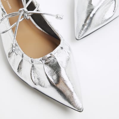 Silver Lace Up Flats Jazz Dance Ballet Flat Shoes Silver 16-Silver