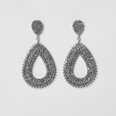 Silver tone diamante teardrop hoop earrings
