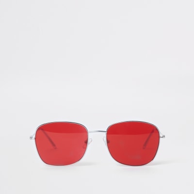 Silver tone square red lens sunglasses