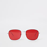 Silver tone square red lens sunglasses