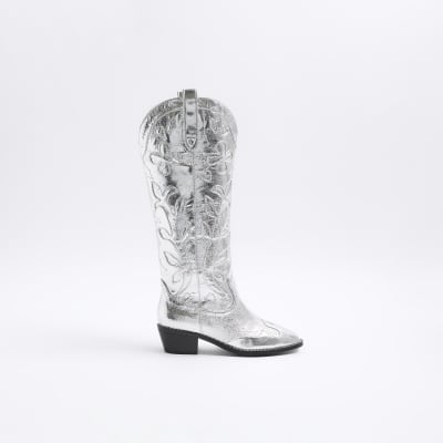 Silver western knee high boots