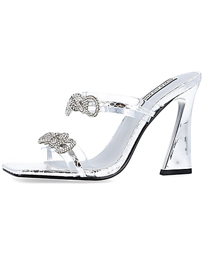 360 degree animation of product Silver wide fit bow detail heeled mules frame-2