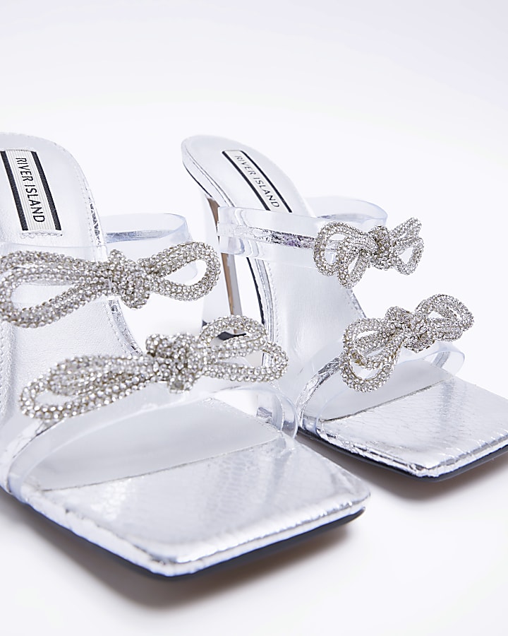 Silver wide fit bow detail heeled mules