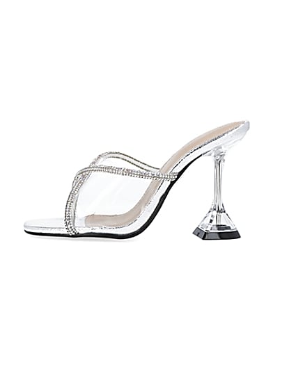360 degree animation of product Silver wide fit diamante heeled mules frame-3