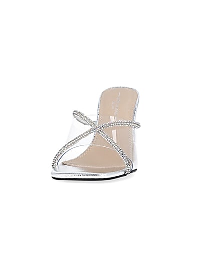 360 degree animation of product Silver wide fit diamante heeled mules frame-22