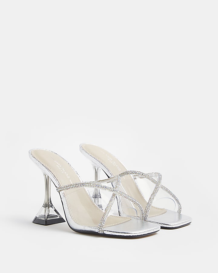 Silver wide fit diamante heeled mules
