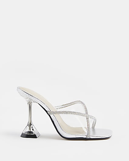 Silver wide fit diamante heeled mules