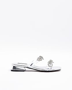 Silver wide fit embellished bow sandals