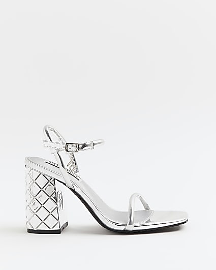 Silver wide fit embossed heeled sandals