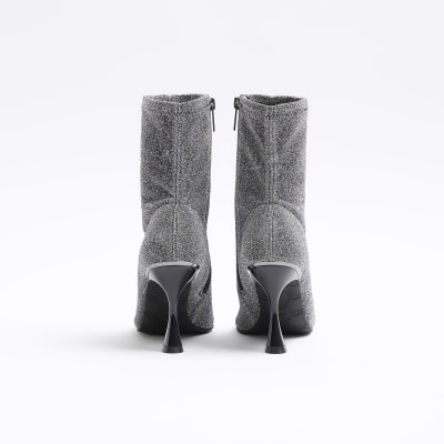 Silver wide fit glitter heeled ankle boots River Island