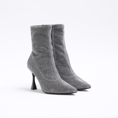 Silver wide fit glitter heeled ankle boots River Island