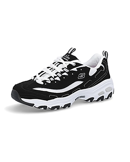 360 degree animation of product Skechers black D’Lite Biggest Fan trainers frame-1