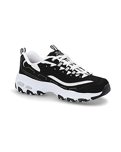 360 degree animation of product Skechers black D’Lite Biggest Fan trainers frame-17