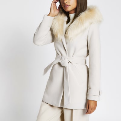 Stone belted faux fur hooded robe coat | River Island