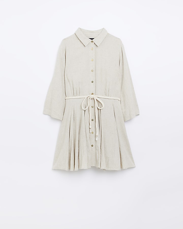 Stone belted linen mini shirt dress